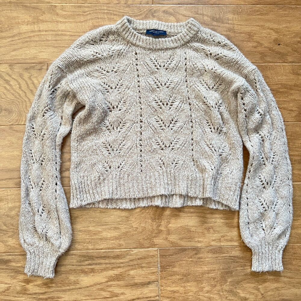 American Eagle Sweater Women's Size S Tan Cropped Fit Pointelle Knit Wool Blend